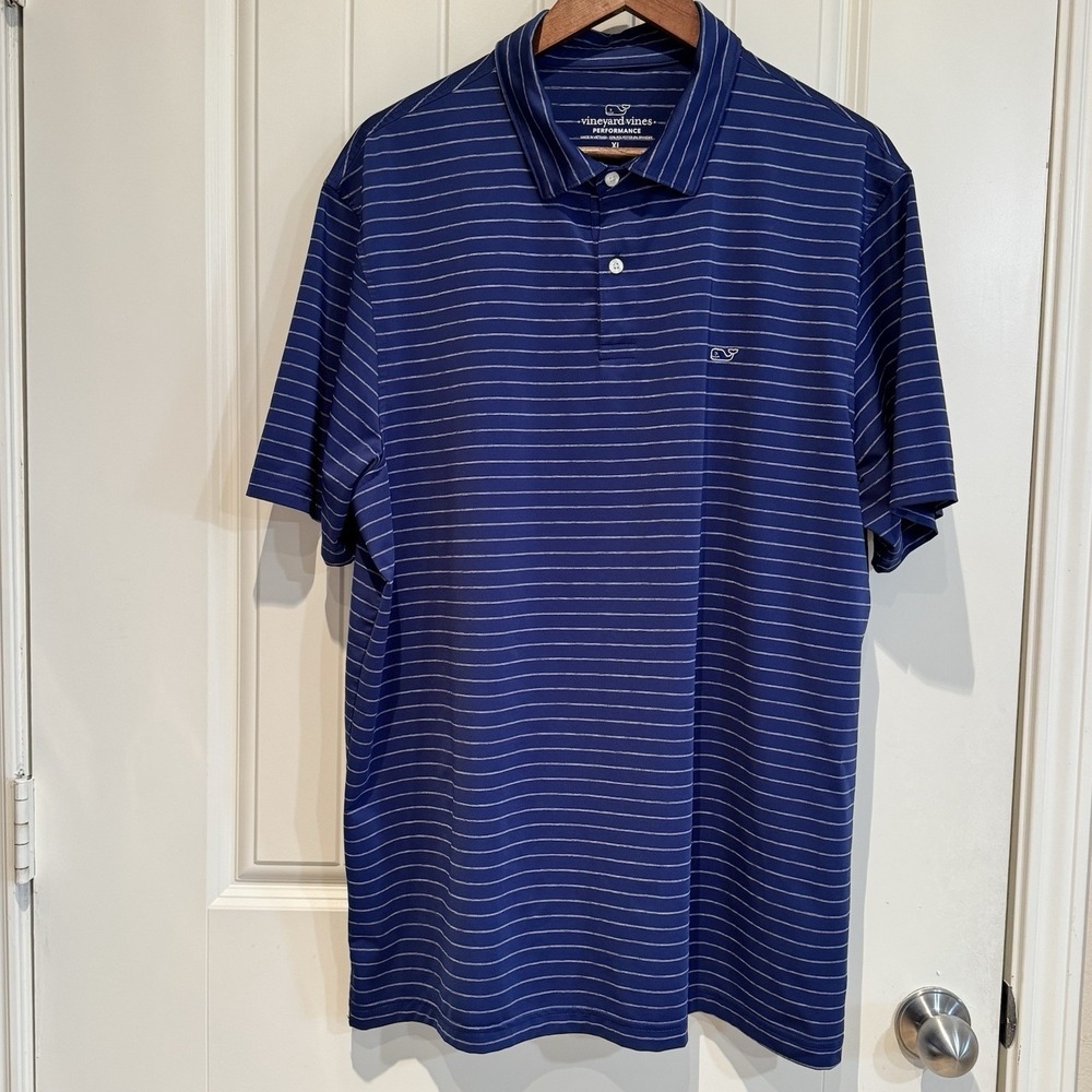 Vineyard Vines Performance Golf Polo XL Blue Striped Whale Logo Preppy